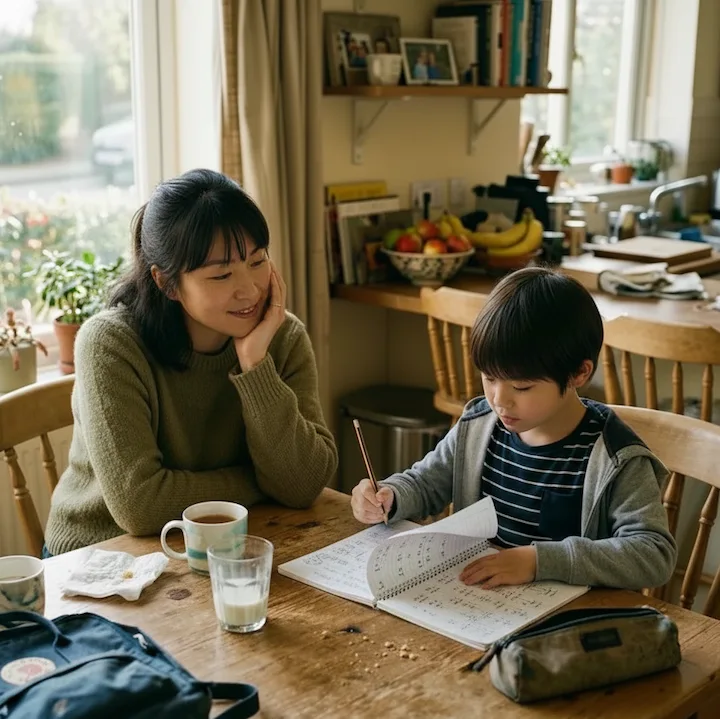放課後に学習の最初の一歩へ入る親子のイメージ